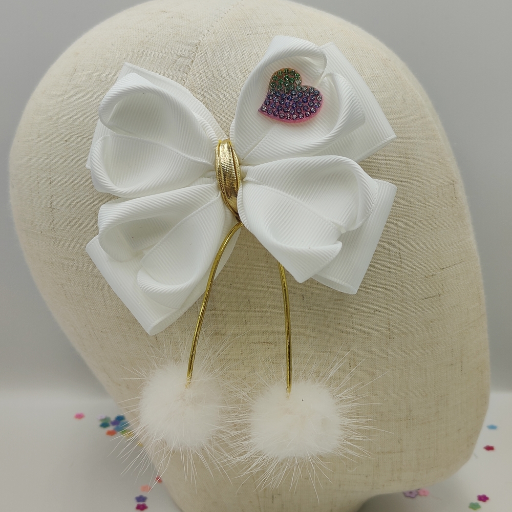 Elegant White Bow Hair Clip with Gold and Pink Heart Accents